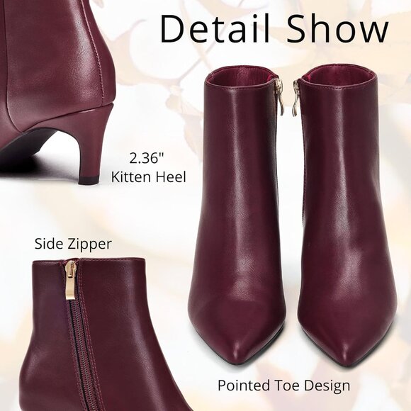 Women's Burgundy Pointed Toe Ankle Boots Side Zipper Low Kitten Heel Booties - Picture 4 of 6